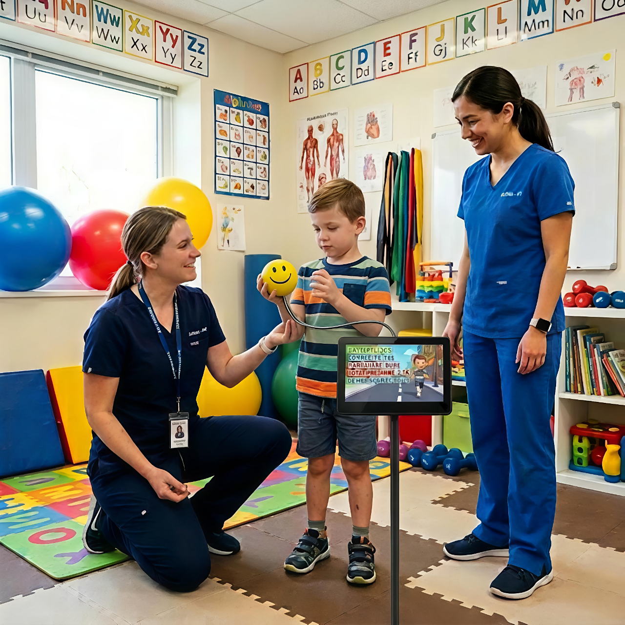 Traditional therapy session with child and therapists in rehabilitation room